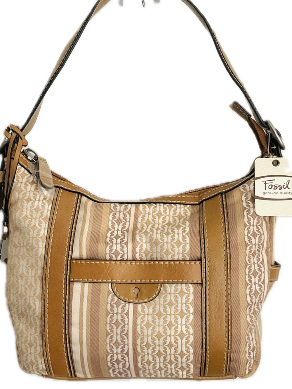 Fossil Tan and Cream Striped Logo-Print Shoulder Bag